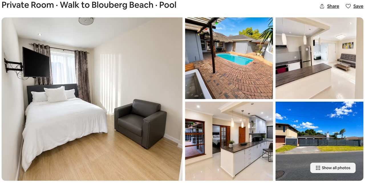 After: bright listing leading with the pool, kitchen and Blouberg beach exterior