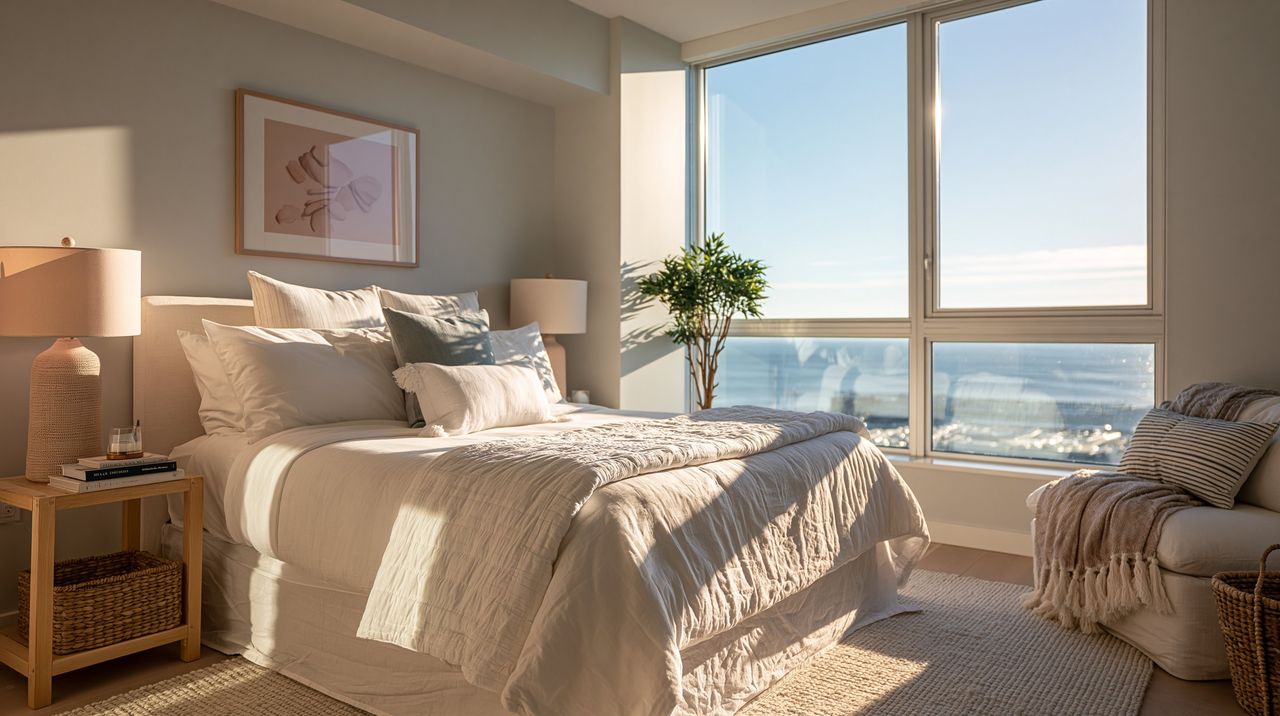A bright, airy coastal Airbnb bedroom with an ocean view