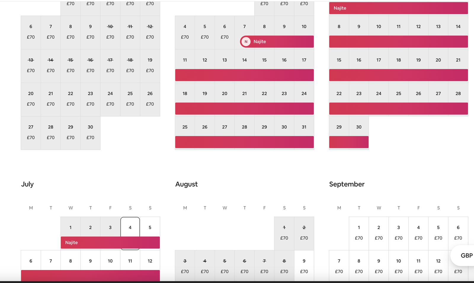 Airbnb calendar showing a single 67-night booking spanning July to September on the Abuja listing
