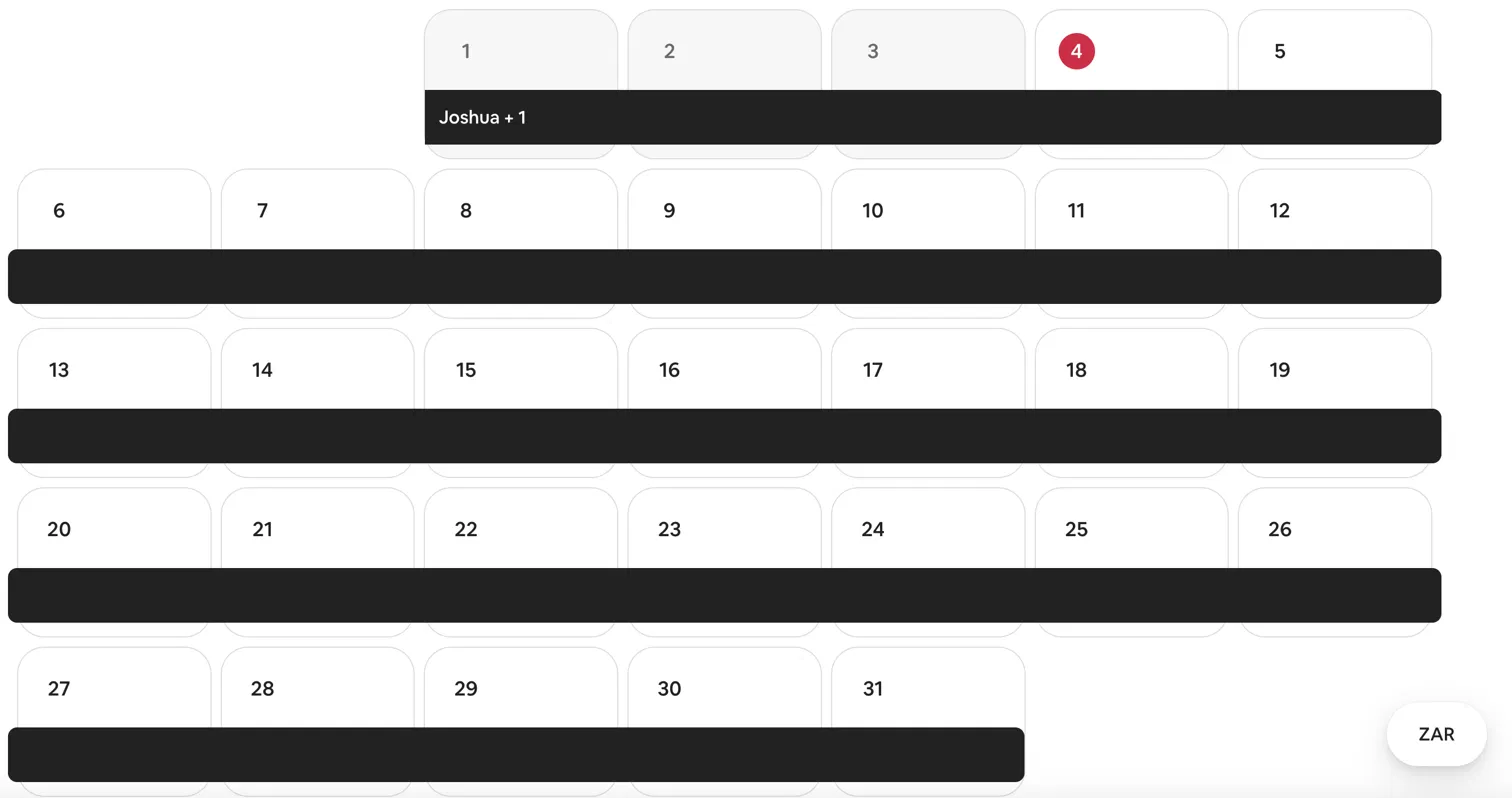 Airbnb calendar showing all 31 nights of July booked by a single long-stay guest — Cape Town listing