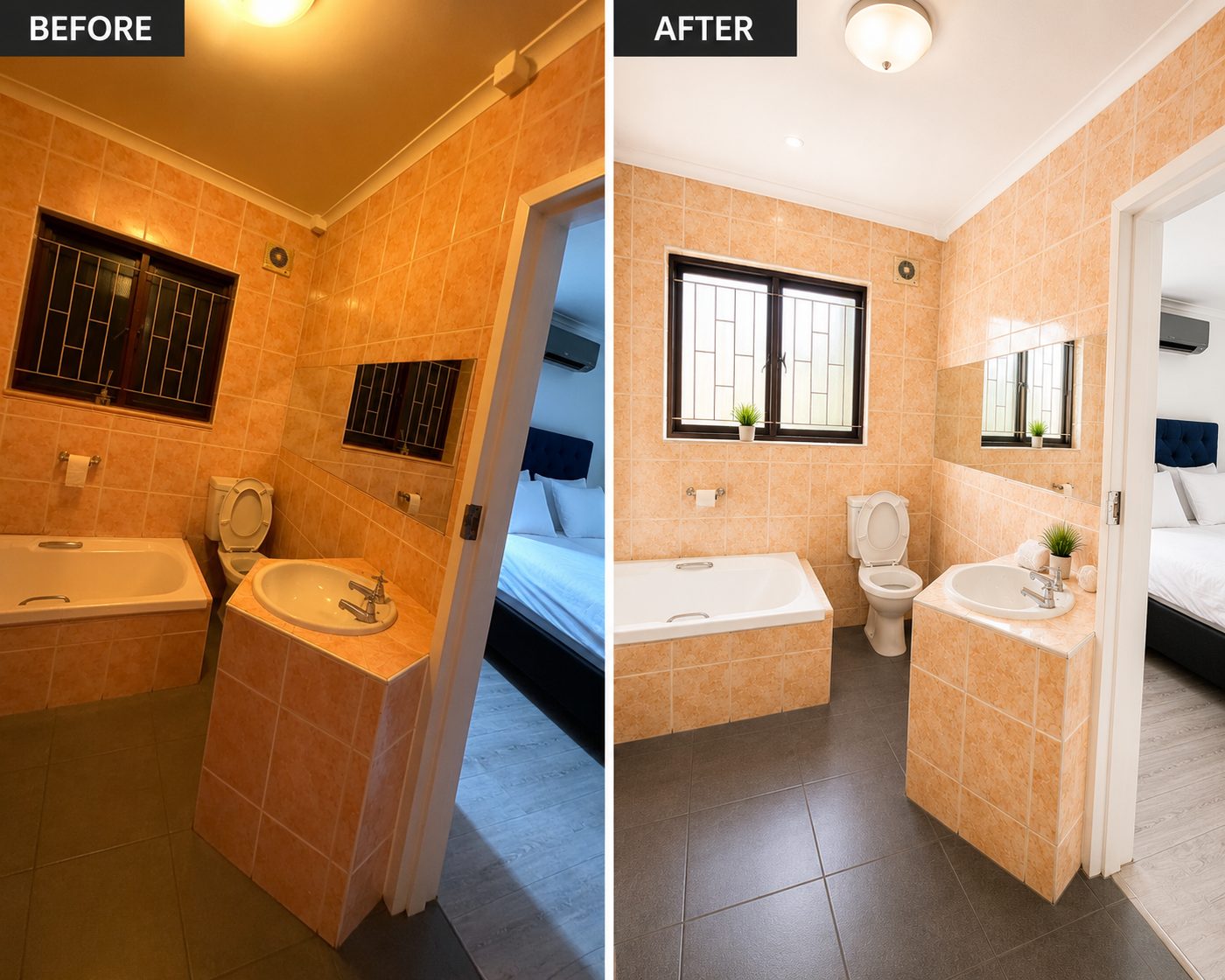 Before and after photo editing of a guesthouse bathroom in Cape Town: tungsten colour cast corrected and shadow detail recovered in the same unchanged room