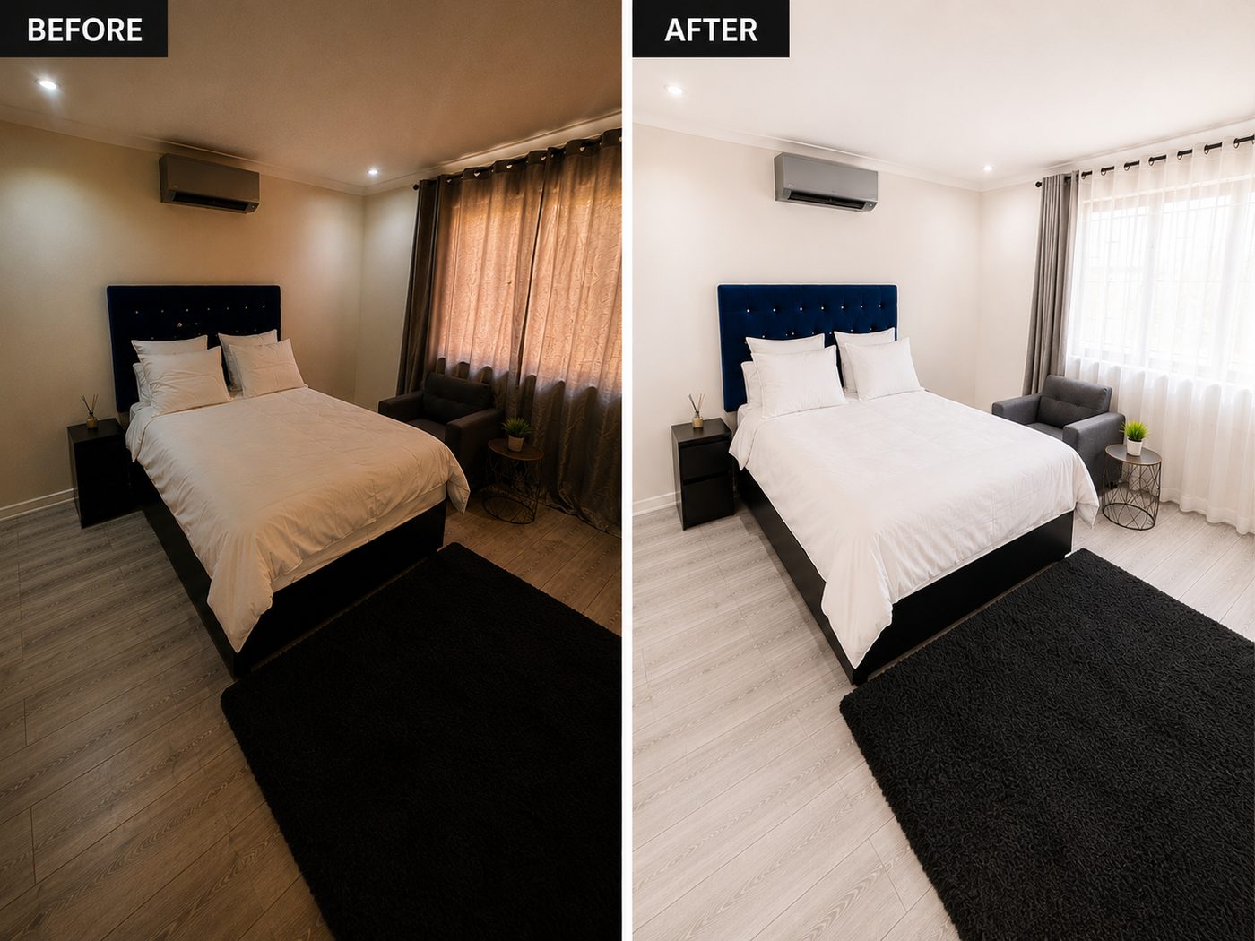 Before and after photo editing of a guesthouse bedroom in Table View, Cape Town: the same room re-edited to correct a warm colour cast and recover window detail