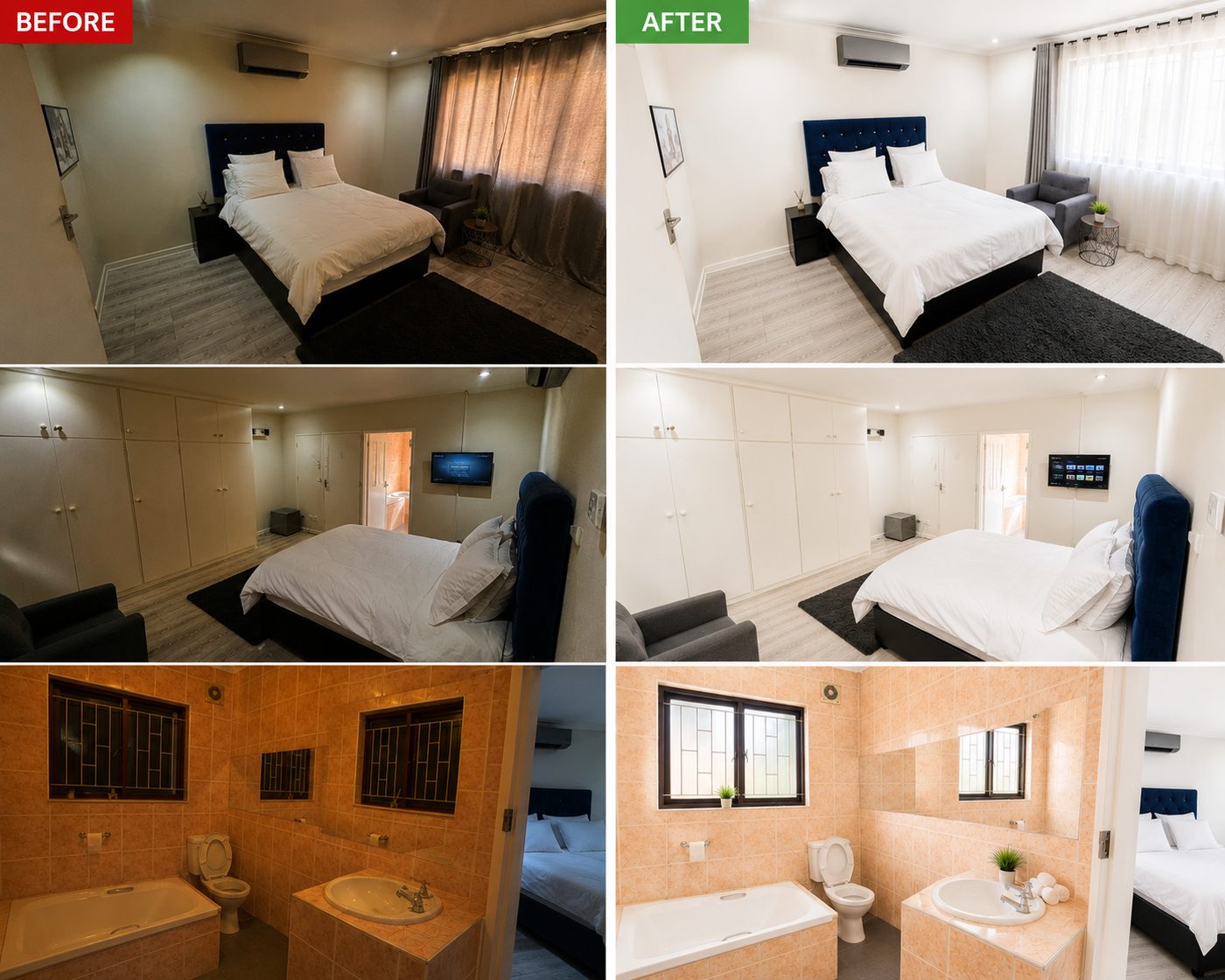 Before and after photo editing of a bedroom and en-suite in a Table View guesthouse, Cape Town: warm colour cast corrected and window detail recovered in the same unchanged room