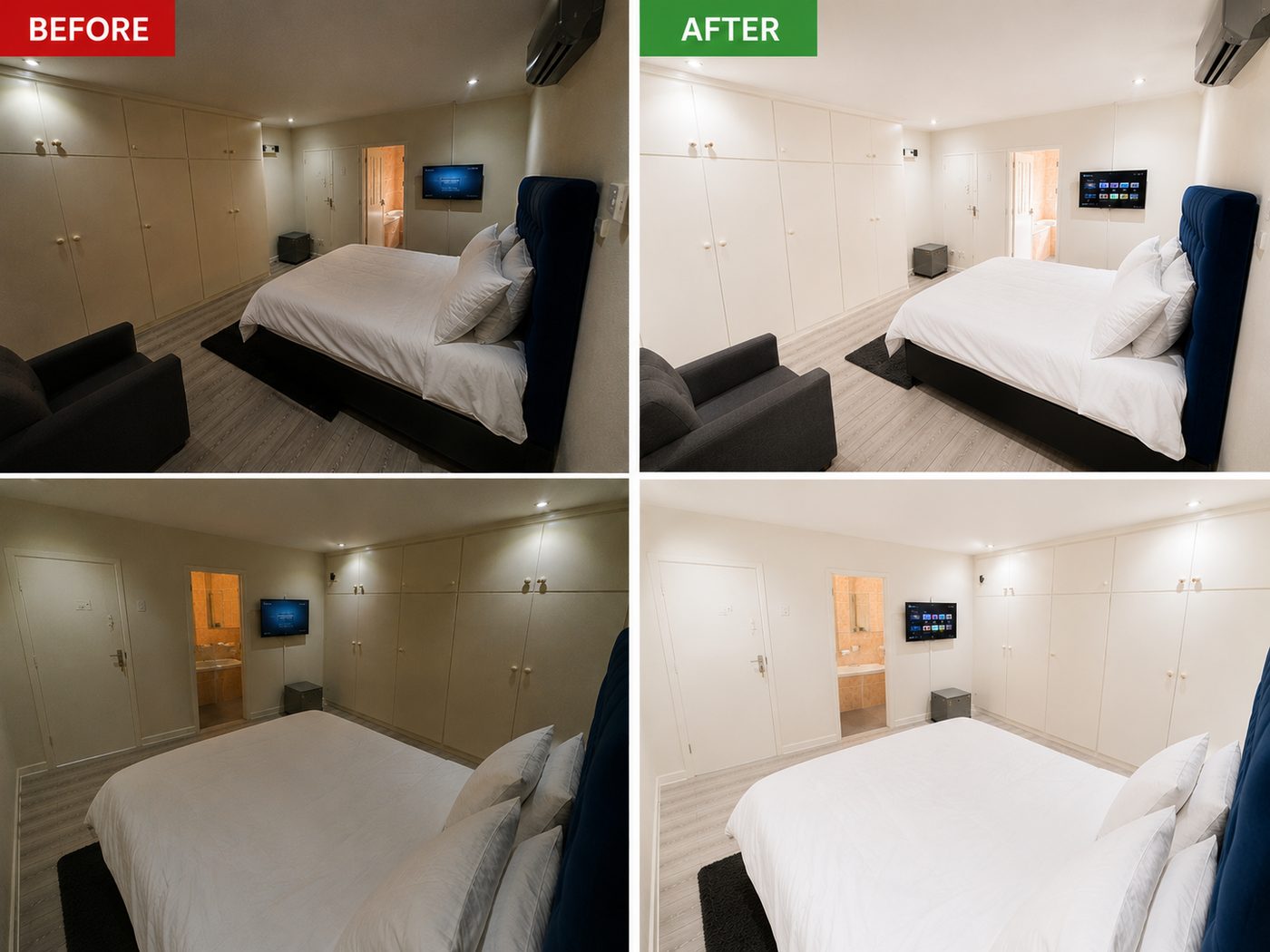 Before and after photo editing of a bedroom with built-in wardrobes in a Table View guesthouse, Cape Town: shadows lifted and colour cast neutralised
