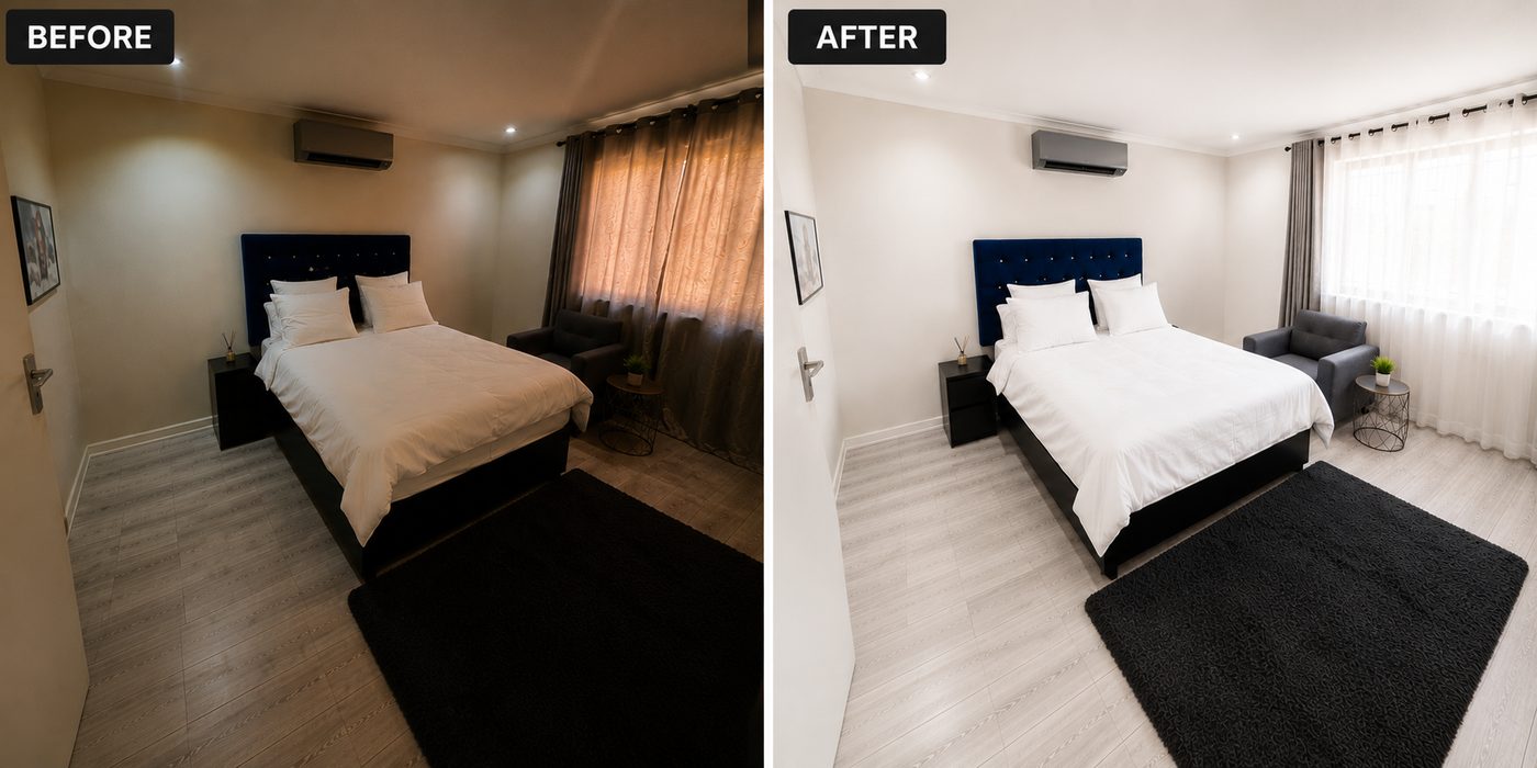 Before and after photo editing of a wide bedroom view in a Cape Town guesthouse showing corrected exposure and neutral wall colour