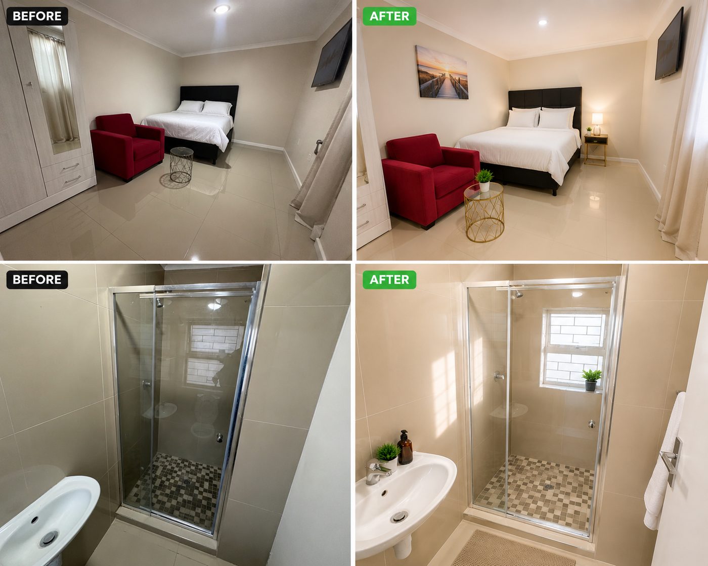 Before and after restaging a bedroom and en-suite shower room in a Cape Town guesthouse: wall art, a lamp, towels, a plant and soap dispenser added before reshooting