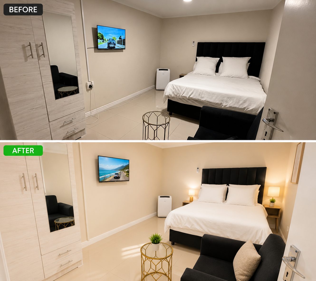 Before and after restaging a guest bedroom in a Table View guesthouse near Blouberg Beach, Cape Town: bedside lamps, framed art, a cushion and a plant added, then reshot in warmer light