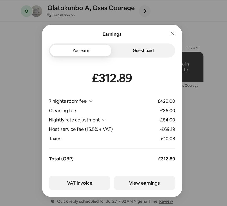 Airbnb host earnings of £312.89 net for a 7-night stay