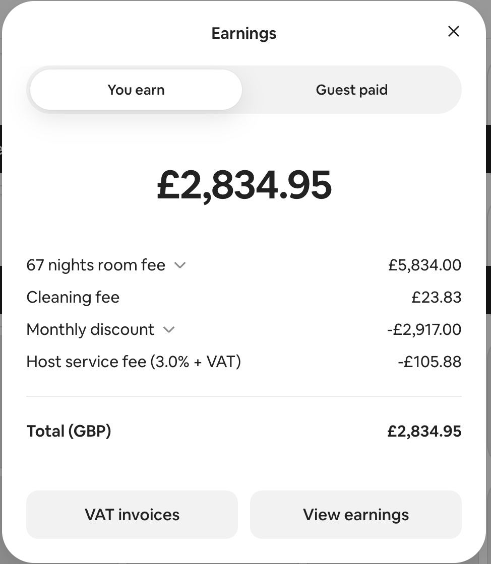 Airbnb host earnings of £2,834.95 net for a 67-night booking